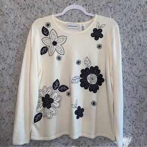 Alfred Dunner Cream & Black Floral Embroidered Sweater